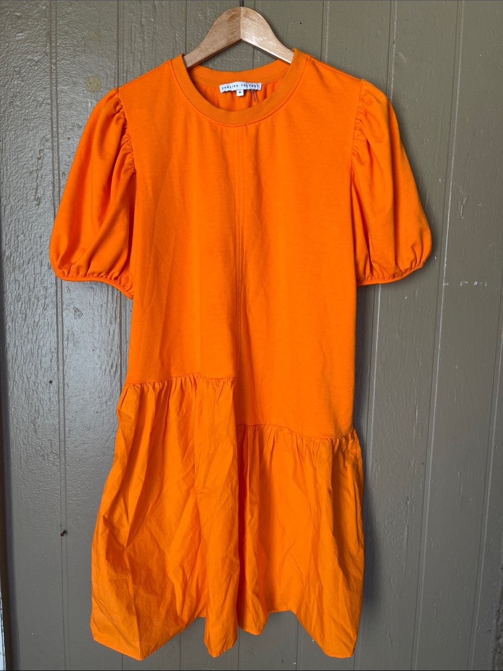 English Factory Mixed Bright Orange Puff-Sleeve Tiered Dress Size M